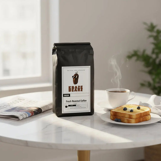 Kraze Beanz Breakfast Blend Black coffee bag with logo on a label on a breakfast table background