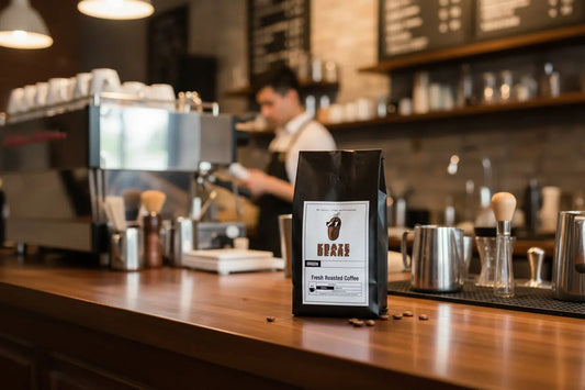 Kraze Beanz six Bean Black coffee bag with logo on label with a barista background