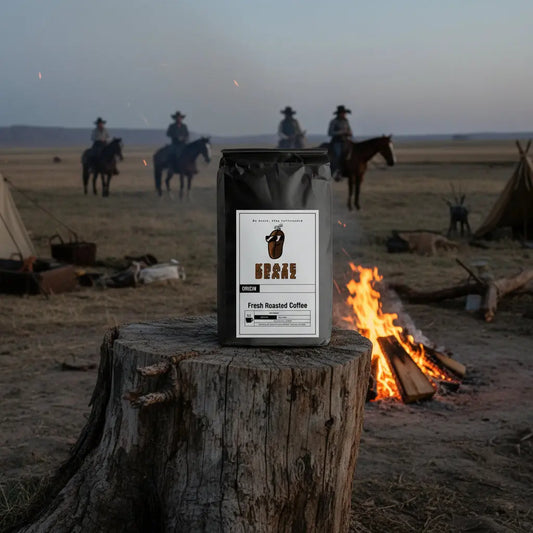 Kraze Beanz Cowboy Blend Black coffee bag with logo on a label on a ranch campfire background