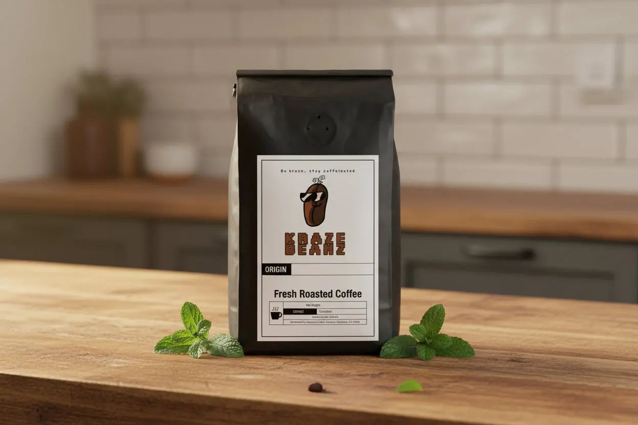 Kraze Beanz mint Black coffee bag with a logo on  label on a cozy counter background