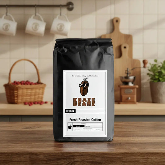 Black Sumatra coffee bag with a label and a Kraze Beanz logo on a country kitchen background