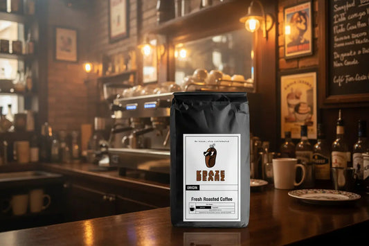 Kraze Beanz Italian Blend Black Coffee bag with logo on label on a counter in a cozy cafe setting