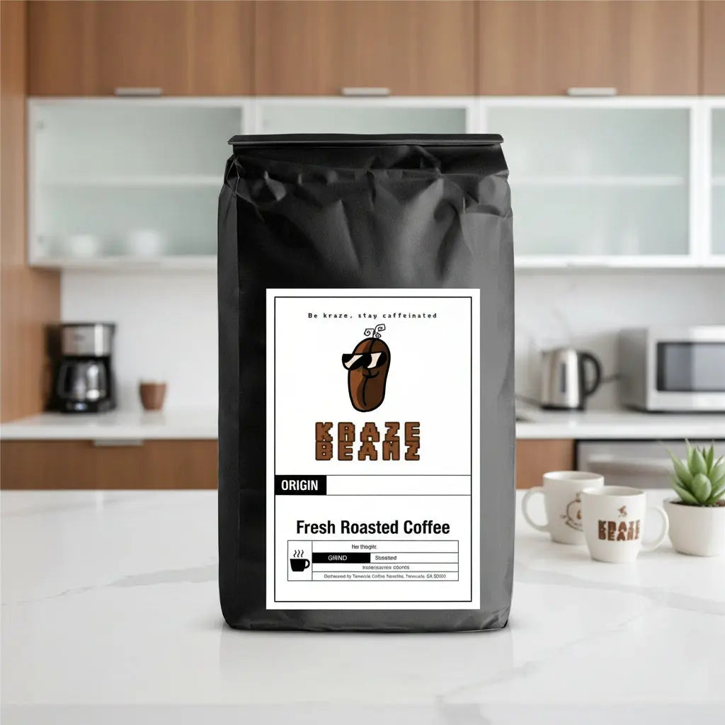 Black Best Sellers Sample coffee bag with Kraze Beanz logo on label on a office breakroom background