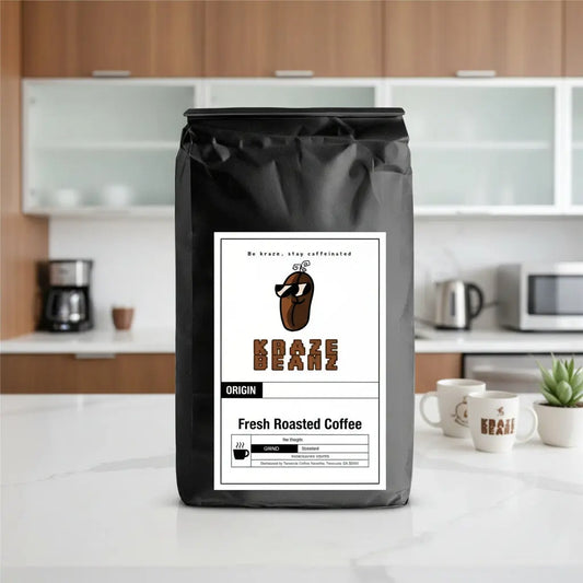 Black Best Sellers Sample coffee bag with Kraze Beanz logo on label on a office breakroom background