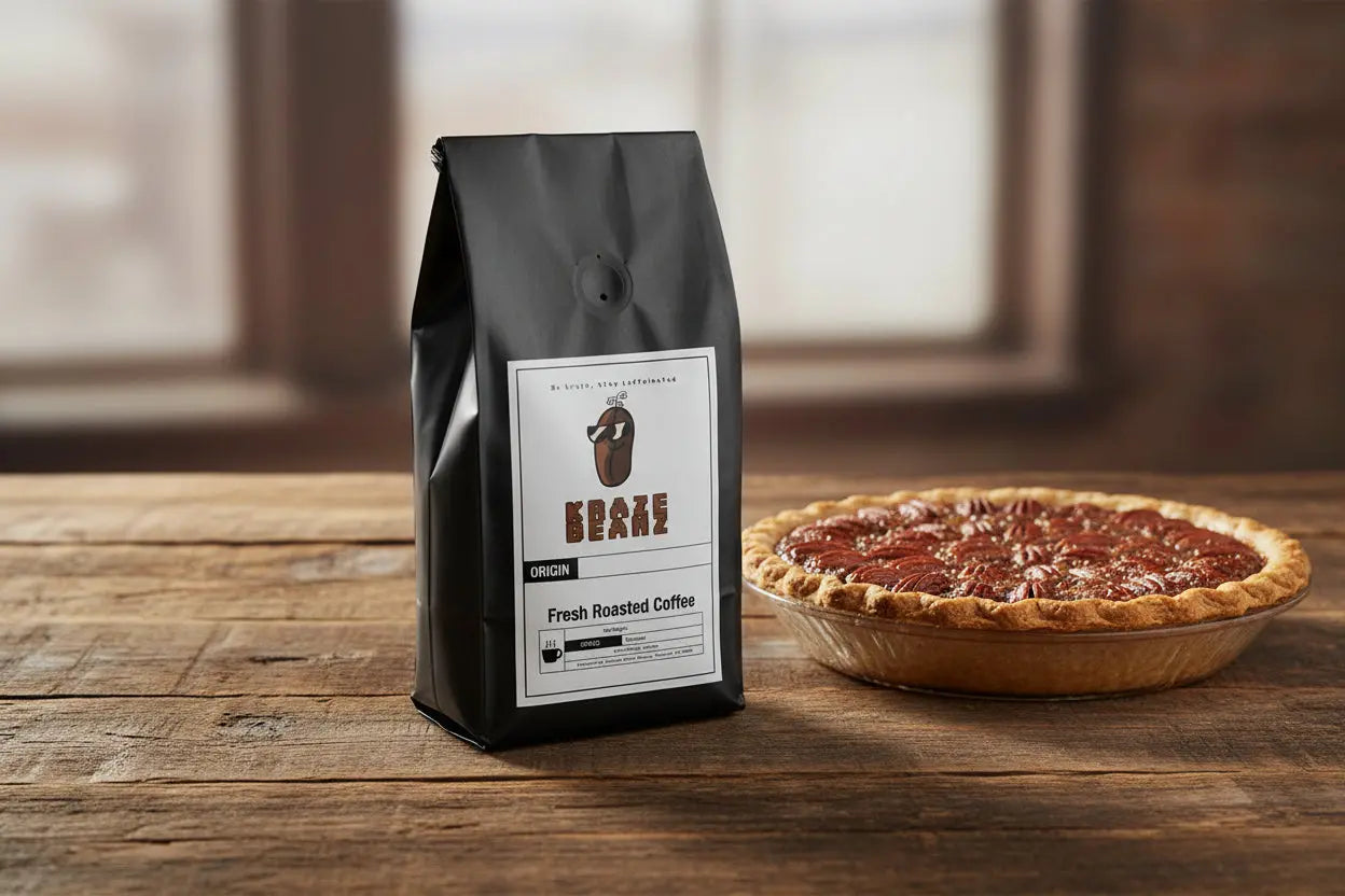 Kraze Beanz pecan Pie Black coffee bag with a logo on  label on a rustic table with a pecan pie background