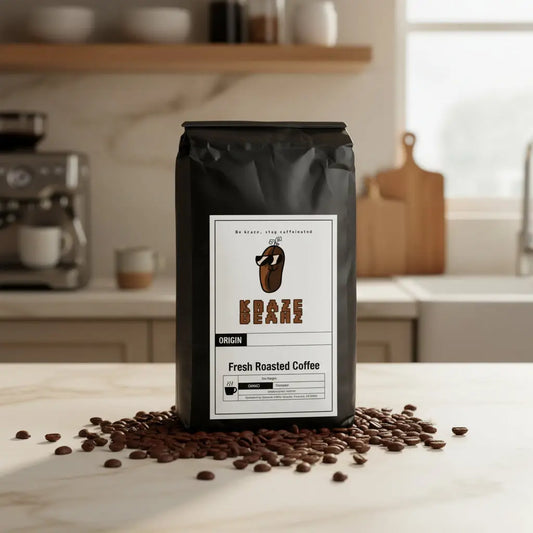 Black French Roast coffee bag with a label and a Kraze Beanz logo on a kitchen background with coffee beans around bag