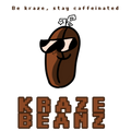Cartoon coffee bean wearing sunglasses with 'Kraze Beanz' branding and text on a white background