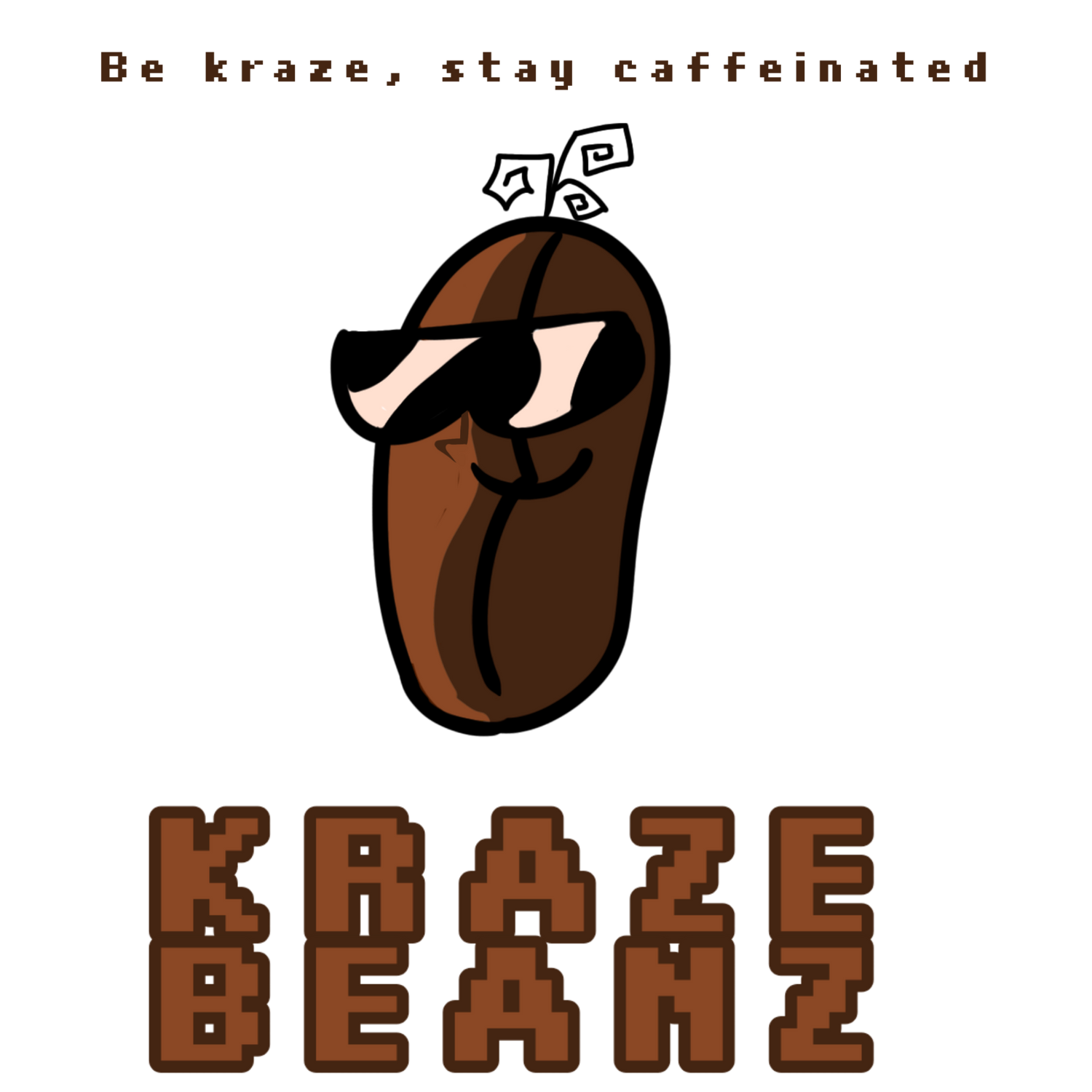 Cartoon coffee bean wearing sunglasses with 'Kraze Beanz' branding and text on a white background